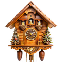 Photo of traditional german black forest cuckoo clock with ornate wood carvings, isolated on transparent background