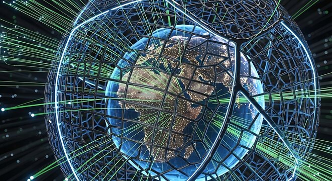 Earth Encased in Futuristic Grid with Glowing Data Lines, Global Connectivity Concept - Powered by Adobe