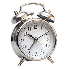 Photo of classic twin bell alarm clock with a silver metal casing isolated on transparent background