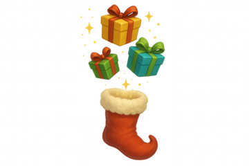 Christmas gifts falling into a stocking with transparent background, perfect for holiday projects