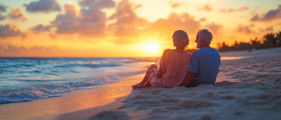 Elderly couple watching the sunset on the beach, conveying the warmth of the relationship and tranquility. Perfect for illustrations about love, family values, vacations and life balance.