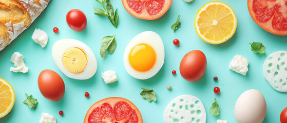 Bright flat layout with healthy breakfast foods on a blue background, useful for nutrition articles, cooking blogs and fresh food ads.