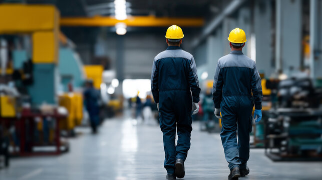 Two factory workers wearing yellow safety helmets walking through an industrial manufacturing facility.
