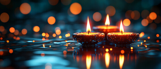Three burning candles in water with light reflection, a warm and cozy background to create an atmosphere of relaxation and festive mood.