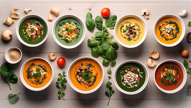 Culinary Symphony: A panoramic view of an array of colorful, meticulously crafted soups, each bowl a testament to culinary artistry, with fresh, vibrant ingredients artfully arranged.