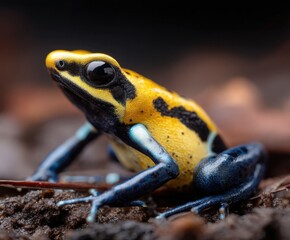 Fototapeta premium Close-up view of a climbing Dyeing poison dart frog Tumucumaque, in the wild,