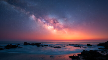 Fototapeta premium Stunning Milky Way Galaxy Over Ocean Horizon at Sunset with Colorful Sky