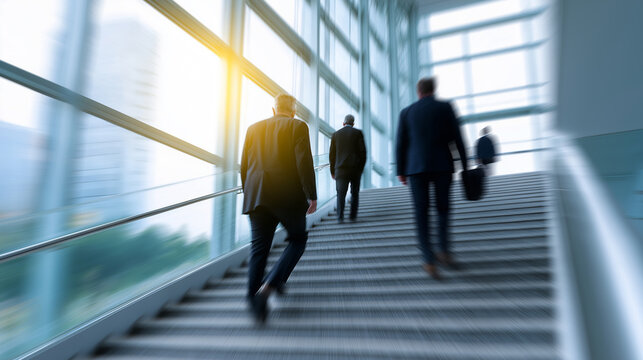 Business people walking up the stairs inside a modern glass office building.
