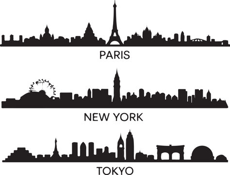Iconic city skylines Paris New York Tokyo silhouettes
