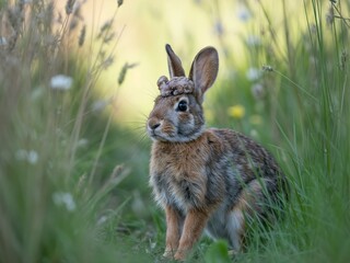 Obraz premium Wildlife photo of an Eastern Cottontail rabbit in Minnesota showing horn-like growths from Shope papillomavirus, captured in natural detail.