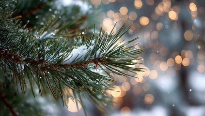 Snowy pine branch with blurred holiday lights