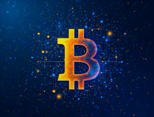 Golden Bitcoin Symbol On a Digital Blockchain Network Background

