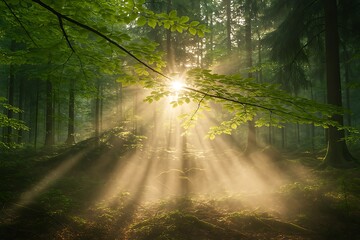 Obraz premium Sunbeams Breaking Through Misty Forest Canopy