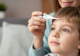 Mother checking young boy's temperature with digital thermometer