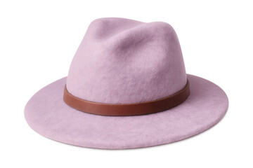 Stylish pink fedora featuring a brown leather band, isolated on a transparent background, ready for your designs