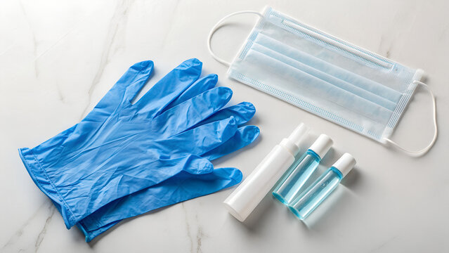 Protective blue nitrile gloves and transparent safety goggles on bright surface illuminated by sunlight symbolizing laboratory hygiene, sterile work environment and personal protective equipment use