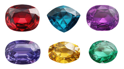 Fototapeta premium Dazzling oval and fancy cut gemstones image set isolated transparent. Jewels gems. Crystals facets cut outs photo png collection. Jewellery precious stones cutouts elements objects