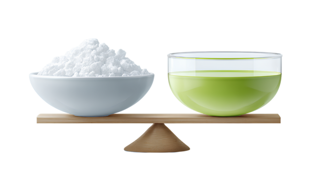 A vector illustration of a balanced scale with one bowl filled with white powder and the other with a green liquid, representing balance in scientific experiments on a Transparent background PNG