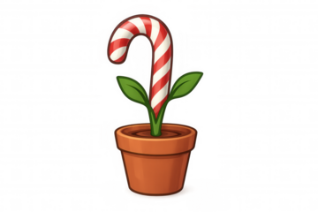Candy cane sprouting from terracotta pot, growing like whimsical holiday plant against transparent background