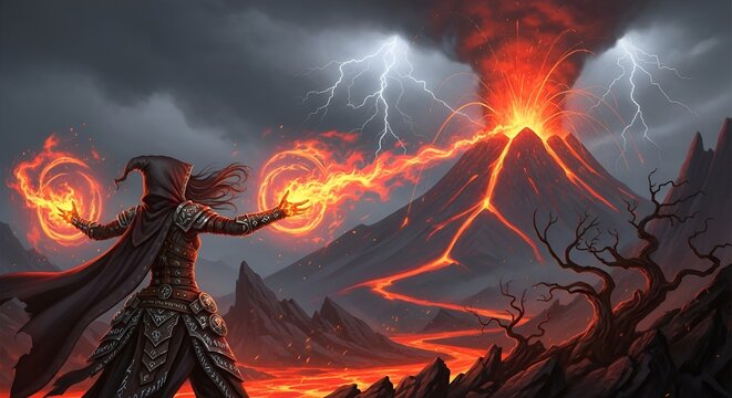 A sorcerer casting fire magic with a volcano erupting in the background during a thunderstorm
