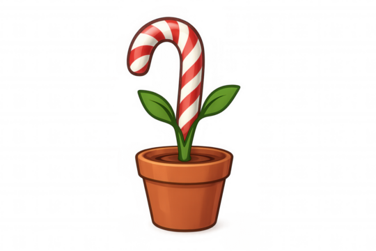 Candy cane sprouting from terracotta pot, growing like whimsical holiday plant against transparent background