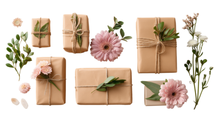 Rustic gift wrapping with flowers and kraft paper image set isolated transparent. Floral presents tied with twine cut outs photo png collection. Eco friendly cutouts elements objects