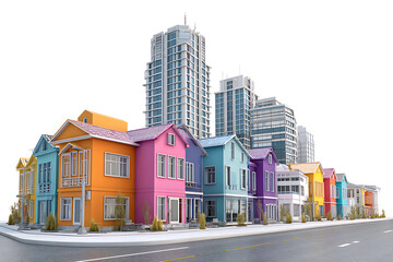 Fototapeta premium Colorful urban cityscape with vibrant row houses and modern skyscrapers, symbolizing community and city living