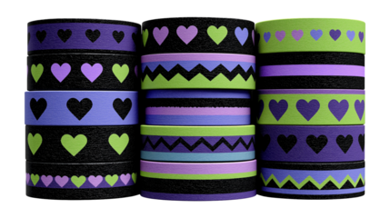 Stack of colorful heart patterned washi tapes image isolated transparent. Zigzag stripes design cut out photo png. Scrapbooking, crafting material cutout element object photography