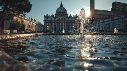Naklejka premium Picturesque View of St. Peter's Basilica with a Glistening Fountain at Dawn