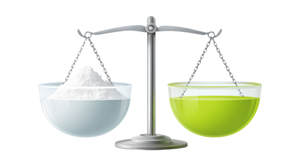  A vector illustration of a balanced scale with one bowl filled with white powder and the other with a green liquid, representing balance in scientific experiments on a Transparent background PNG