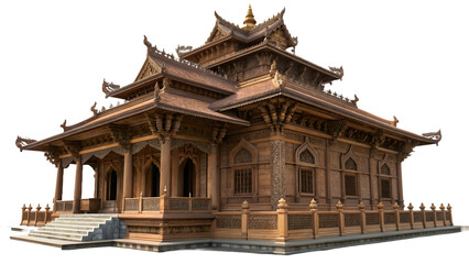 Obraz premium Ornate brown temple building with architectural details isolated on transparent background PNG, ideal for digital design, branding, wallpapers, posters, and print materials 