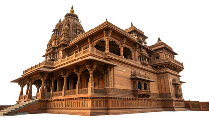 Obraz premium Ornate brown temple building with architectural details isolated on transparent background PNG, ideal for digital design, branding, wallpapers, posters, and print materials 