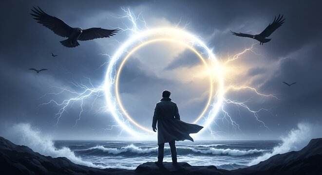 Man standing on a cliff facing a glowing circle with eagles and lightning in the background - Powered by Adobe