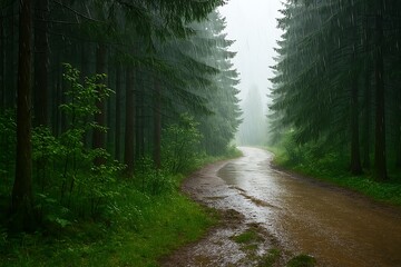 Obraz premium Misty Forest Path Winding Through Lush Conifer Trees