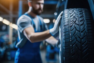 A focused individual, wearing protective gear, is working on a vehicle's tire, demonstrating automotive maintenance and repair within a workshop setting, showcasing expertise.