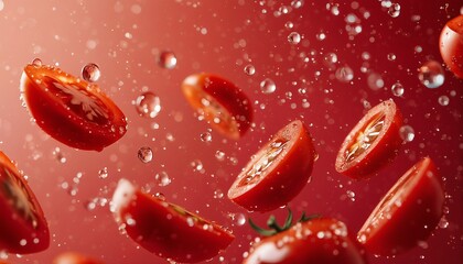 Fototapeta premium sliced tomatoes suspended in mid-air with splashing water droplets against a vibrant red background create a dynamic and refreshing still life.