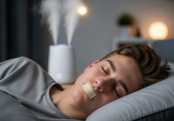 Teenage boy sleeping peacefully with mouth taped near humidifier at night