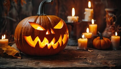 a glowing jack-o'-lantern sits amidst lit candles and miniature pumpkins on a rustic wooden surface, creating a spooky halloween ambiance.