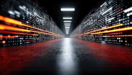 Dark tunnel, glowing data, futuristic