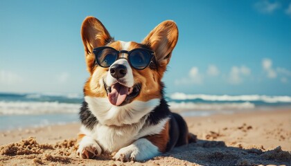 a cheerful corgi wearing sunglasses relaxes on a sandy beach with the ocean waves gently rolling in the background.