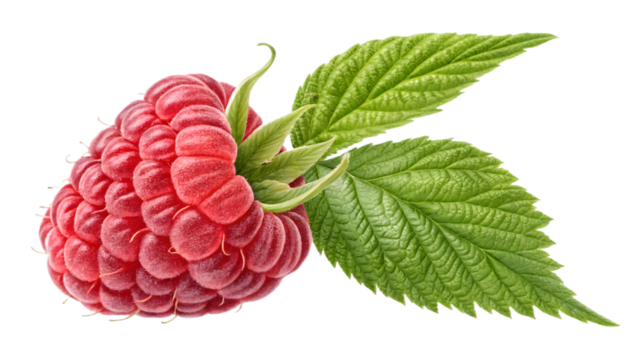 Ripe red raspberry with leaf isolated on transparent background PNG with clipping path, perfect for digital design, branding, wallpapers, posters, and print materials
