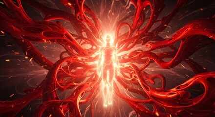 Glowing figure surrounded by red tendrils with bright light emanating from the center of the image