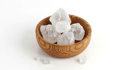 alum or potassium aluminium sulfate stones or rock in wooden bowl, use in water purification, food preservation, pickling, caning, dyeing, shaving, textile, white background
