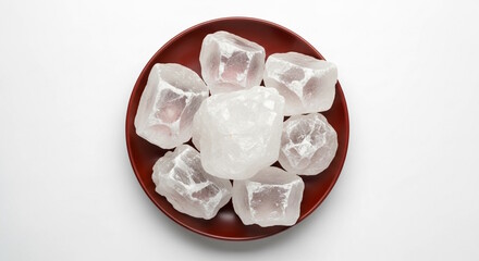 alum or potassium aluminium sulfate stones or rock in dish, use in water purification, food preservation, pickling, caning, dyeing, shaving, textile, white background