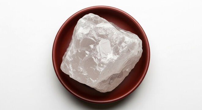 alum or potassium aluminium sulfate stones or rock in dish, use in water purification, food preservation, pickling, caning, dyeing, shaving, textile, white background