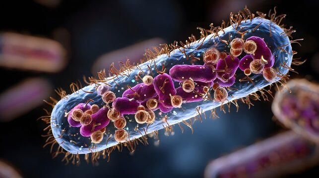 Close up 3 D visualization of rod shaped gram negative bacteria with flagella and internal structures