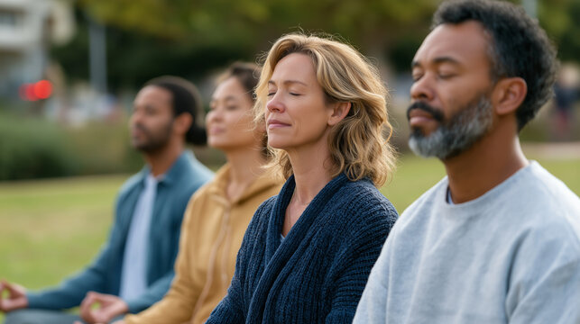 Group of diverse adults peacefully meditating in a park - Powered by Adobe