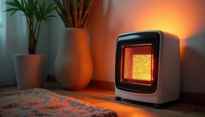 A cozy scene of a warm, glowing electric heater providing comforting heat in a minimalist room, perfect for relaxation and comfort , wellness, orange glow, rest
