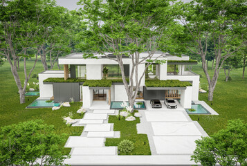 3d rendering of two-story house with parking and pool for sale or rent with concrete facade and beautiful landscaping. Cloudy white sky overcast, soft shadows