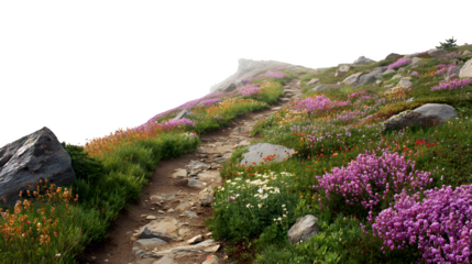 Mountain hiking trail with wildflowers isolated on white